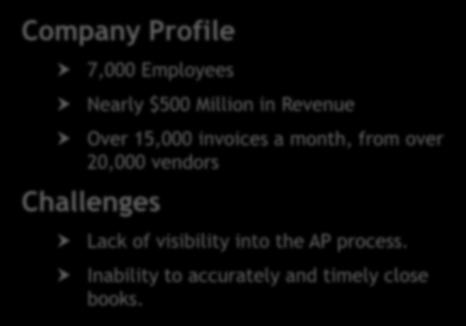 20,000 vendors Challenges Example: Growing Hospitality Company Lack of visibility into the AP process.