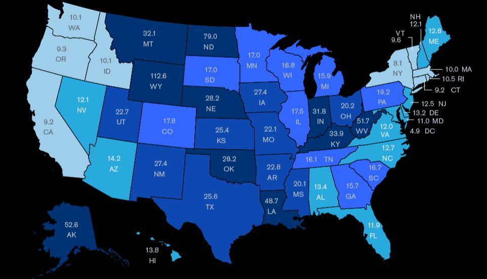 Per Capita CO 2 Emissions by State Emissions per capita in metric tons of carbon dioxide (2011) Source: U.S. Energy Information Administration, US.