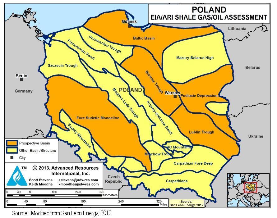 Poland PGI estimated recoverable shale gas resources in the onshore Baltic-Podlasie-Lublin region to be 230.5 to 619.