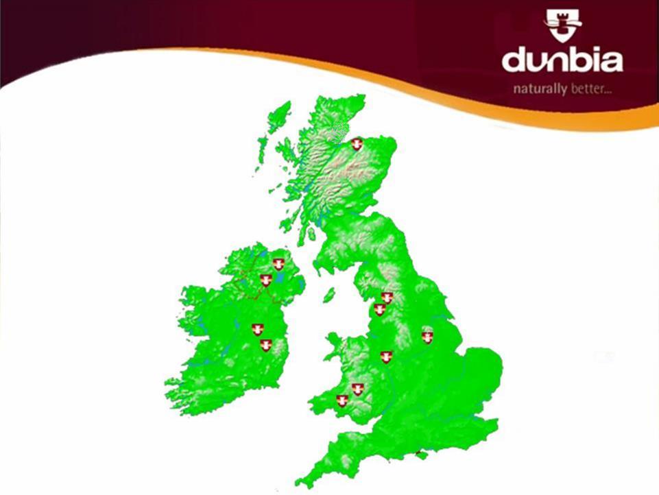 Dunbia Production Sites Dunbia (Ballymena) (Pork) Dunbia (Dungannon) (beef, lamb, pork & retail packing) Dunbia (Elgin) (beef & lamb & pork) Dunbia (Ayr) (beef & lamb & pork packing) Dunbia (Sawley)
