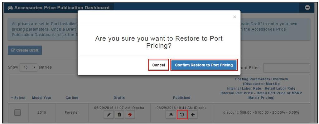 2. Restore to Default Port Pricing When you click on the circular Undo Arrow it will remove any pricing changes you have