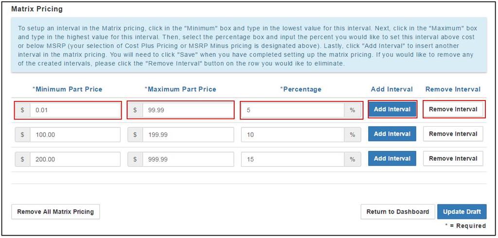 Pricing Matrix The Pricing Matrix allows you to set accessory pricing at a specific percentage Discount from MSRP, or Markup Over Cost by set price ranges.