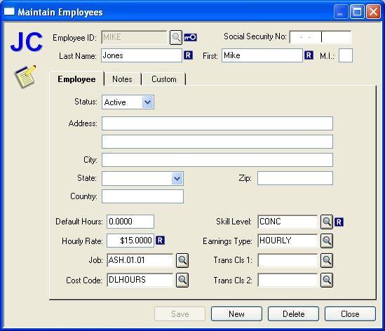 Maintain Employees When Employees... is selected from the Maintain Menu the Maintain Employees dialog box displays.