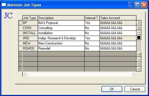 Maintain Job Types When Job Types... is selected from the Job Costing Maintain menu the Maintain Job Types dialog box displays. Each job created must be assigned a Job Type.
