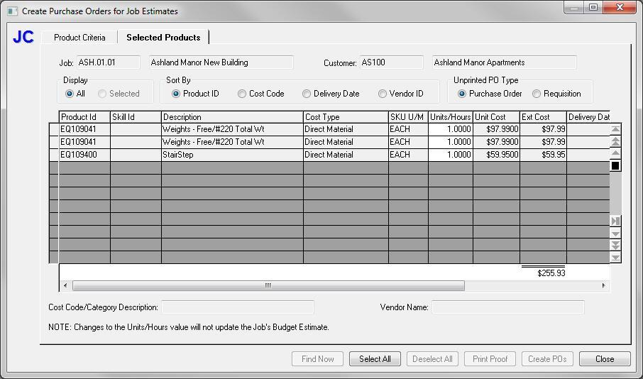 Process Create Purchase Orders - Selected Products tab The Selected Products tab displays the result of the options selected on the Product Criteria tab.