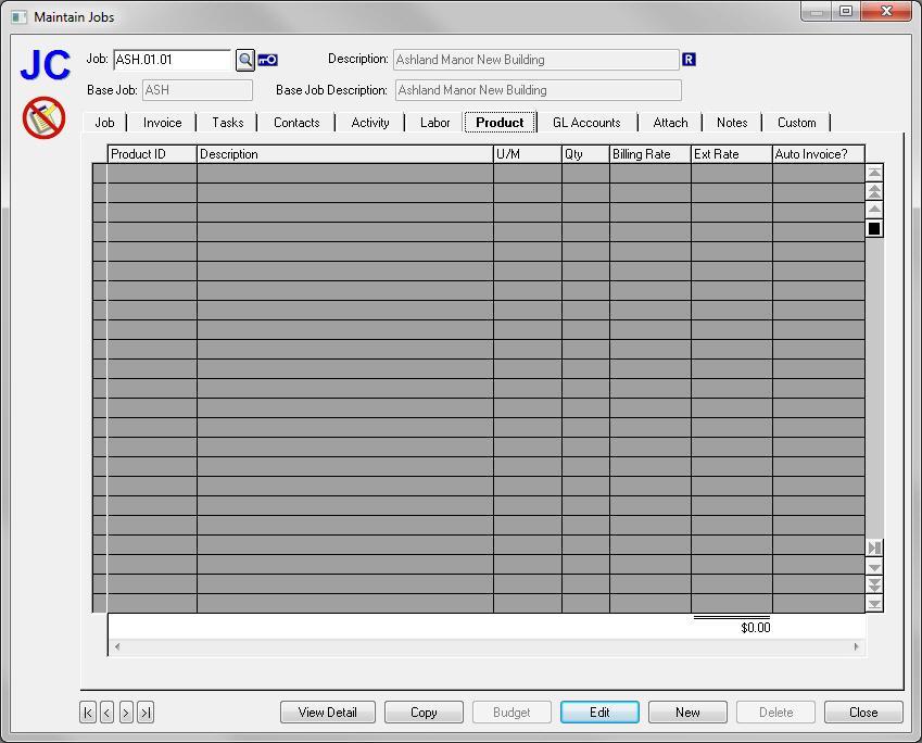 Maintain Jobs - Product Tab The Product tab is used for selecting the Products that will be needed on this job.