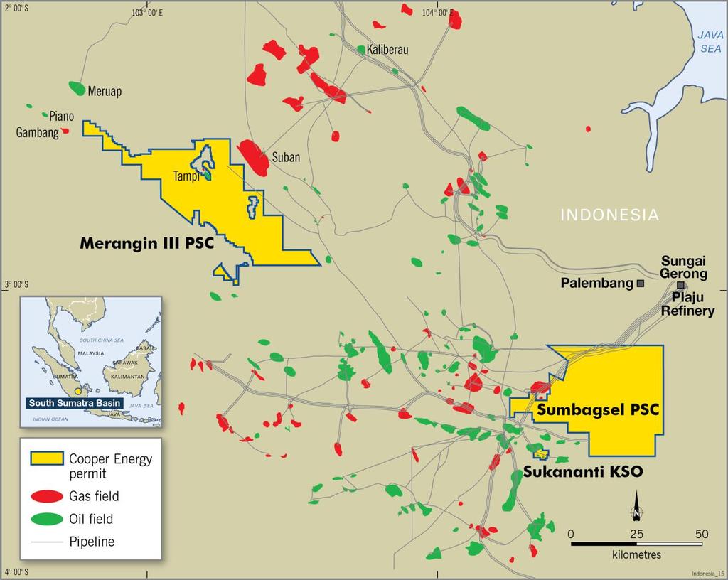 2014 farm-out planned Merangin III PSC (COE 100%) highly prospective & identified prospects adjacent to existing gas and oil fields