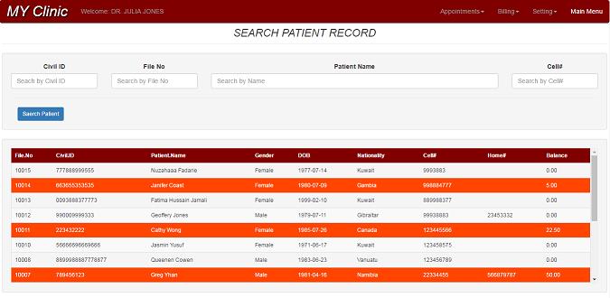 Patient Registration Functionality Patient identification Clinic File No (auto) Civil ID Name Date of Birth Patient search Restrict