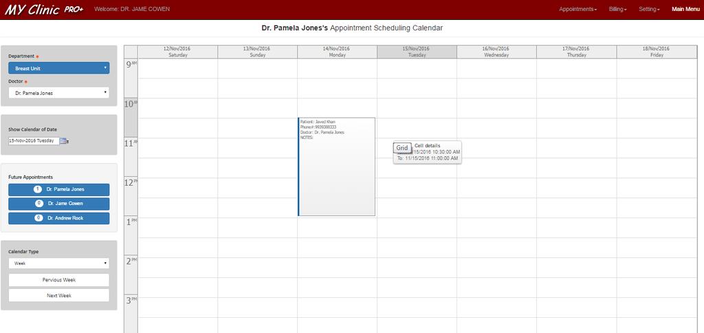 Appointment Management Functionality Each doctor has a unique Calendar for appointment booking Easy to use appointment calendar with matter of 2 clicks book an appointment Paperless appointment