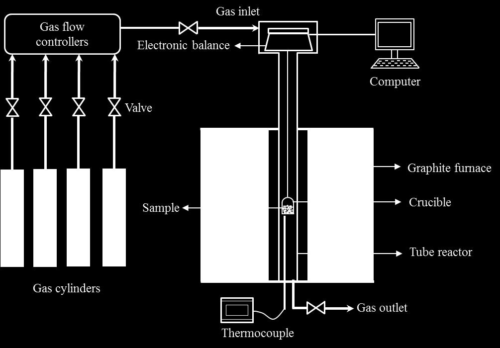 Figure 5.1 Schematic of the experimental setup. 5.2.3 Reactivity As the time N 2 is replaced by the reactant gas mixture is set as the beginning time of gasification.