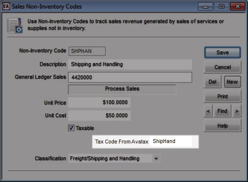 Figure 6: Sales Non-Inventory Codes window, Tax Code From AvaTax field AvaTax in the IN Stock and Inventory Codes windows After you integrate with AvaTax in the Sales Set Up AvaTax Integration