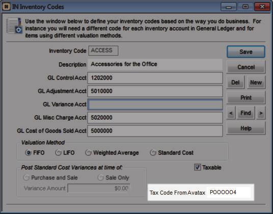 Figure 8: IN Inventory Codes window, Tax Code From AvaTax field AvaTax in the AR Customers window After you integrate with AvaTax in the Sales Set Up AvaTax Integration window, the following fields