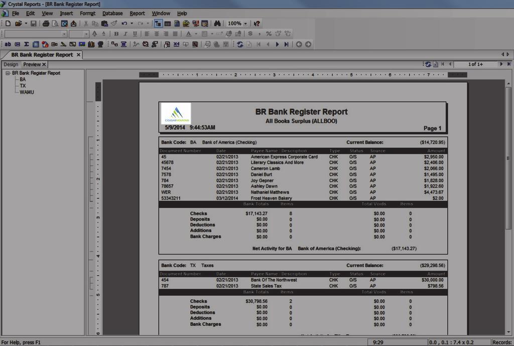 Figure 14: Crystal Reports, customized report with logo When you are ready to customize a report, locate the folder that contains your Denali reports.