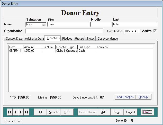 To enter donations in DonorExpress, select the Donor menu to open the Donor Entry window. You can use this window to set up your donors and then select the Donations tab to enter donation amounts.