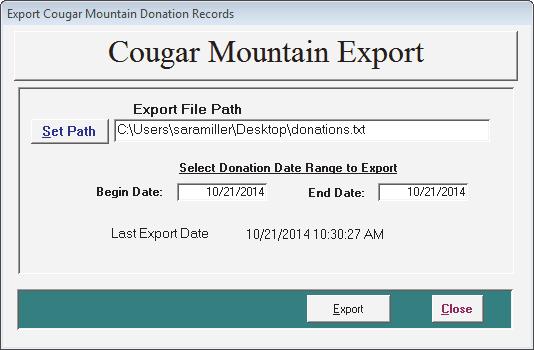 Figure 16: Donor Express, Export Cougar Mountain Donation Records window 2 In the Export Cougar Mountain Donation Records window, select the Set Path button and browse to the location you want to