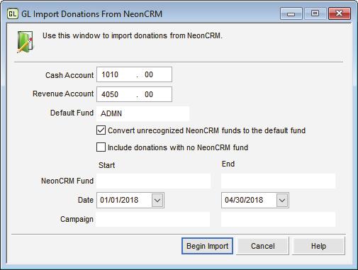 Importing Donations into General Ledger Donation and pledge fields that have a valid payment in NeonCRM are imported into journal entries in Denali.