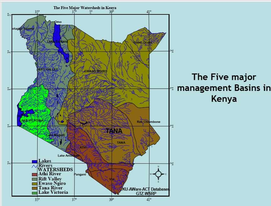 erio The main drainage basins in Kenya L. Turkana N R. Turkwel R. K %U Wajir Eldoret %U %U Kisumu %U Nakuru. N Meru %U Ewas o Ngiro Lorian Swamp %U Garissa Equator R.