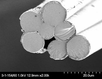 Figure 4: A SEM micrograph of the fracture surface for SiC bundle coated with 3000nm thick C and 100nm thick SiC layer. 4. SUMMARY 1)The comparatively thin sample has exhibited better tensile property for the SiC/SiC bundle composite with various thick C and 100nm thick SiC interfacial layer.