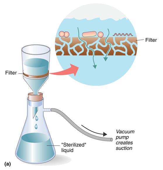 Filtration Used to purify liquids and air Traps all microbes larger than the pore size of the filter (0.