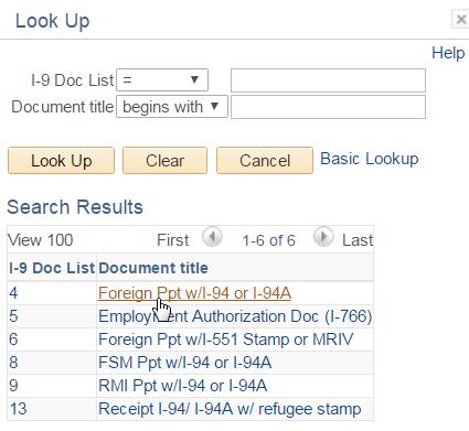 The lookup will display the valid document titles. Select a document title by clicking on the link.