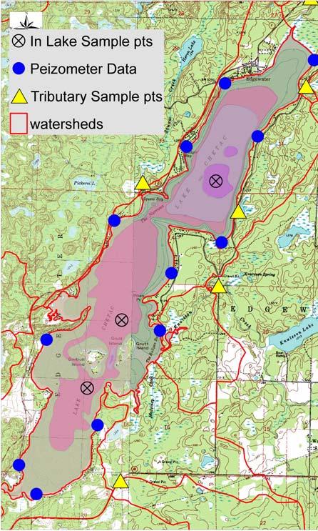 2. Groundwater Contributions Determined by measuring groundwater flow and TP concentrations in the water 12 peizometers installed around the lake.