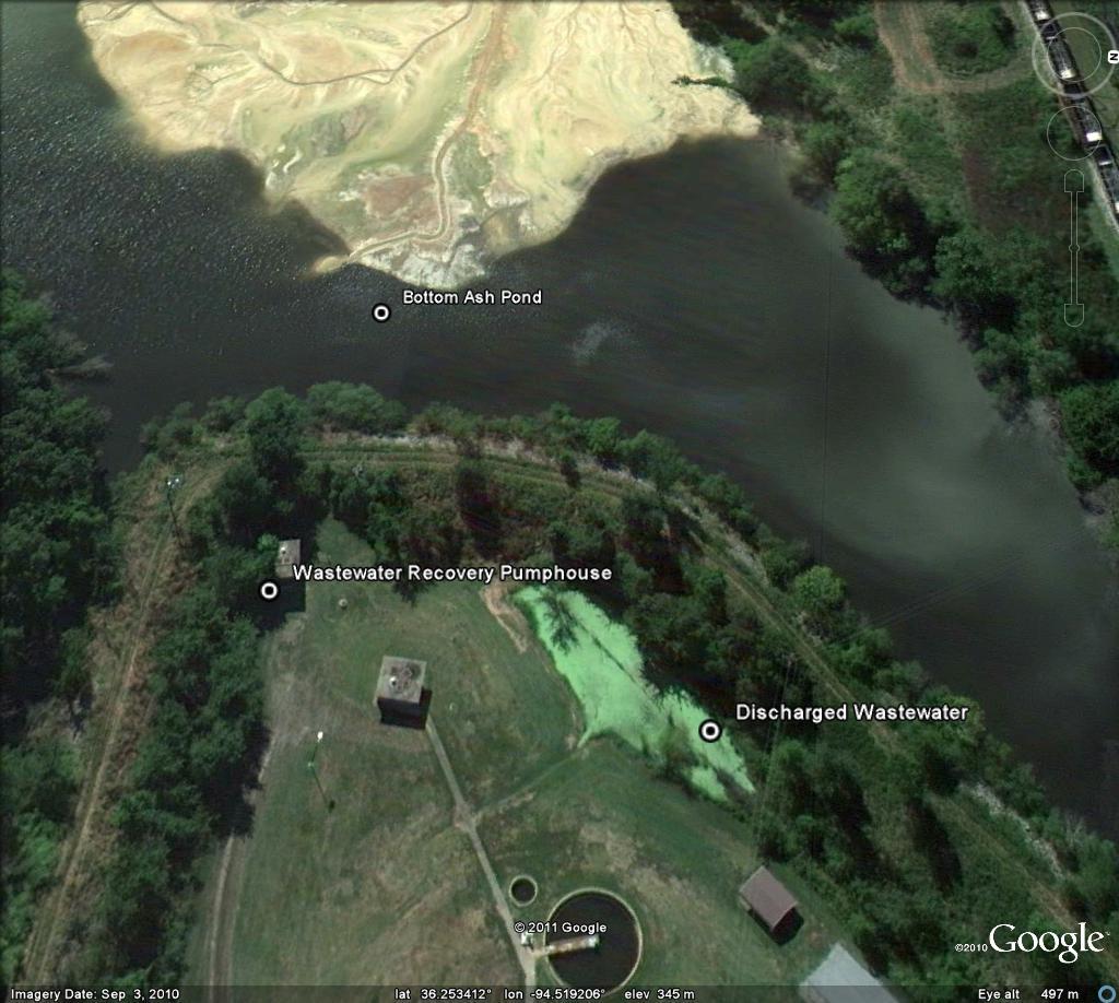 ADEQ Water NPDES Inspection AFIN: 04-00107 Permit #: AR0037842 Figure 1: Google Earth Image depicting the locations of: wastewater leakage from the SWEPCO bottom ash pond; the ash pond wastewater