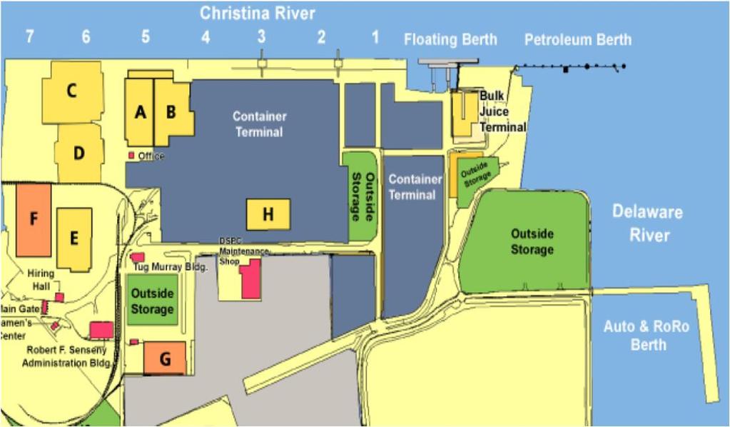 Existing Port Infrastructure 308 acres at the confluence of the Christina and Delaware Rivers First major port on Delaware River 63.