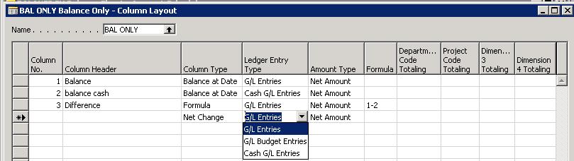 The column for the ledger entry type can be selected to show GL entries, GL Budget Entries or Cash GL Entries.