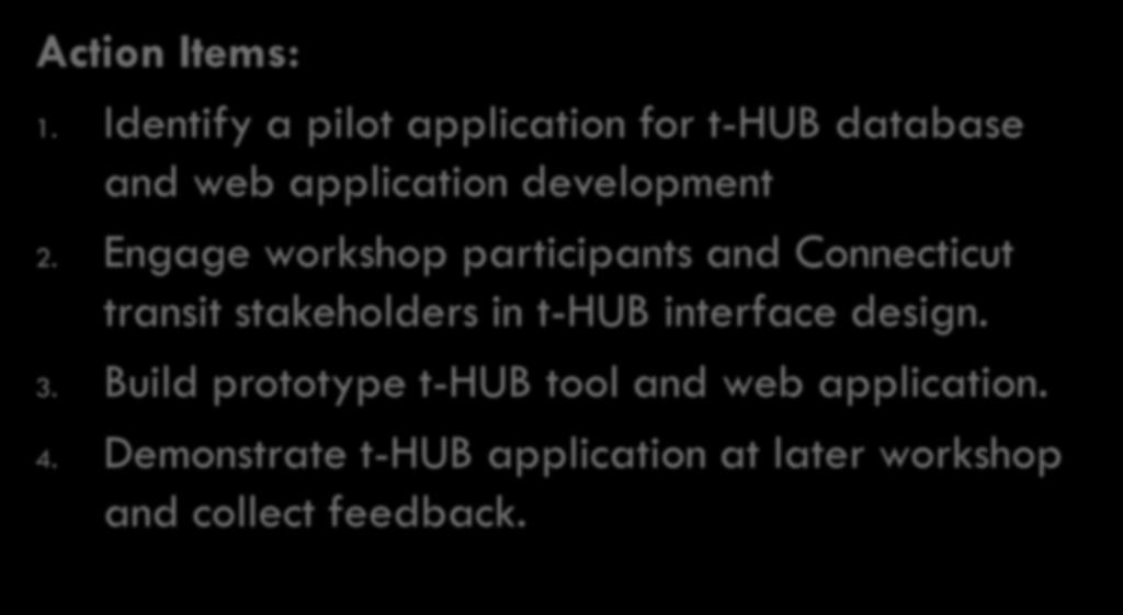 t-hub 42 Action Items: 1. Identify a pilot application for t-hub database and web application development 2.