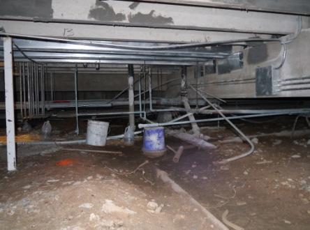 Pipe deficiencies: Rusted pipes Bent and rusted hangers Degraded pipe insulation under kitchen Cut pipe under the kitchen Pipe not properly suspended (not isolated from ground) N/A No