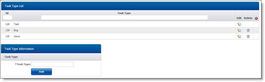 Adding new task type: To add new task type: 1. Enter new task type in "Task Type Information" form. 2. Click on [Add] to add this department. Deleting Task type: 1.