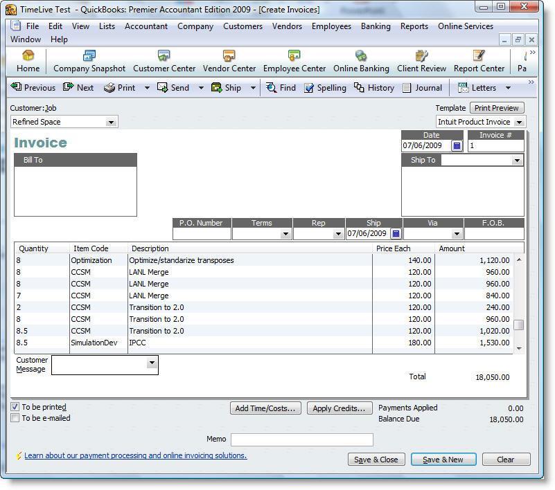 Quickbooks will import all time records in Customer Invoice. Accountant can then proceed this invoice as per their own defined organization policies.