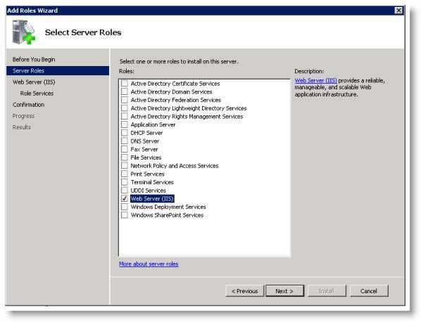 Select r;web Server (IIS) on the Server Roles page: Choose the IIS Services to be installed.