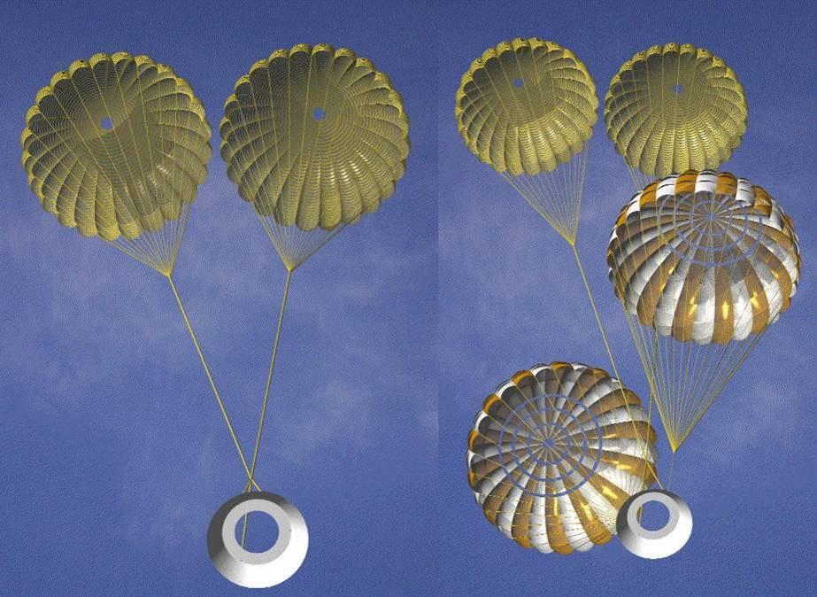 Figure 4. FBC with Auxiliary Parachutes Deployed (Airborne Systems) The FBC separates and the two auxiliary parachutes deploy to ensure far-field re-contact is eliminated.