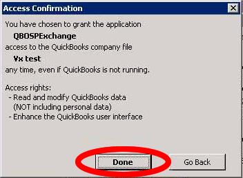 7. Click the Done button in the QuickBooks Access Confirmation window (see Figure 6).
