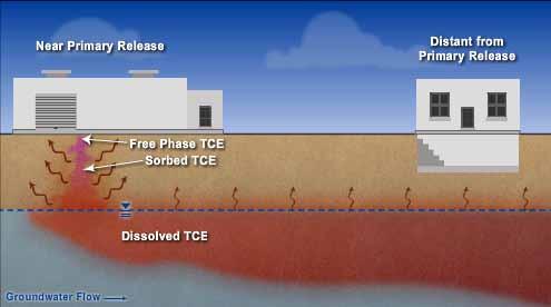 Primary Release Free Phase TCE Sorbed TCE Dissolved TCE Groundwater Flow GW D GW
