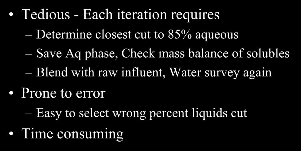 Issues with iterative method Tedious - Each iteration requires Determine closest cut to 85% aqueous Save Aq phase, Check mass