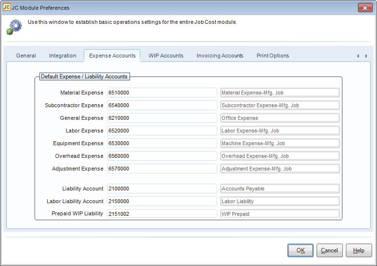 Expense Accounts On the Expense Accounts tab in Module Preferences, enter the default expense accounts for materials, subcontractors, general (miscellaneous) expenses, labor, equipment, overhead, and