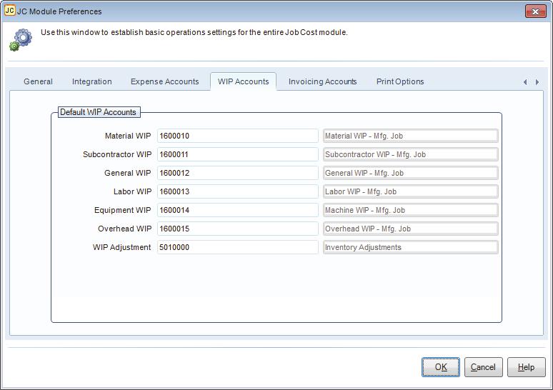 Figure 6: JC Module Preferences window, WIP Accounts tab Invoicing Accounts On the Invoicing Accounts tab in Module Preferences, enter the default sales billing accounts and percentages you want to