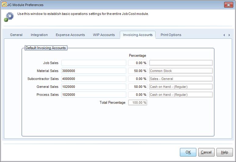 Figure 7: JC Module Preferences window, Invoicing Accounts tab Setting Your Printing Preferences for Job Cost Use the Print Options tab of the JC Module