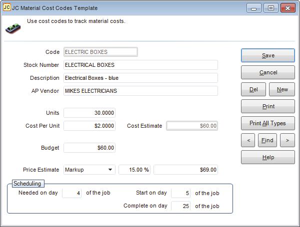 Figure 10: JC Material Cost Codes Template window 2 In the Code field, enter a Code name up to 20 characters for this template.