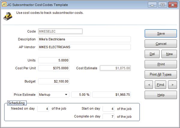 Figure 11: JC Subcontractor Cost Codes Template window 2 In the Code field, enter a Code name up to 20 characters for this Template. 3 Enter a description for this Code.