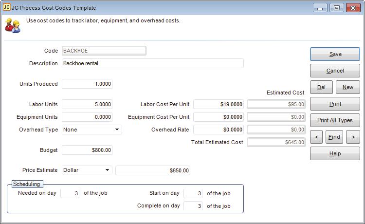 Figure 13: JC Process Cost Codes Template window 2 In the Code field, enter a Code name up to 20 characters for this Template. 3 Enter a description for this Code.