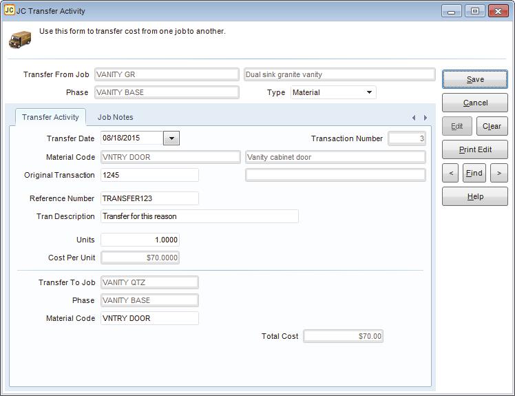 Transferring Cost Activity If you want to transfer previously posted cost activity from one job to another or one phase within a job to another phase, use the JC Transfer Activity window.
