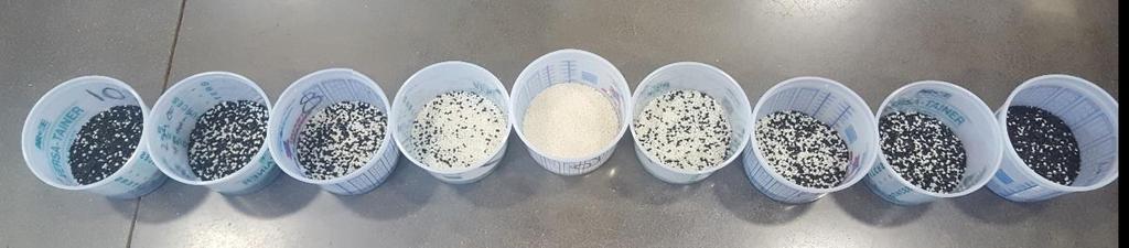 Figure 5. Picture of the pre-mixed material for each layer. The white pellets are ABS, and the black pellets are CF- ABS Results The printed beams are shown in Figure 6.