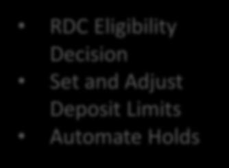 Results Inputs: Core System Profile Data Deposit History RDC History RMAP Services RDC Eligibility Decision Set and Adjust Deposit Limits Automate Holds Increase quality and efficiency for qualifying