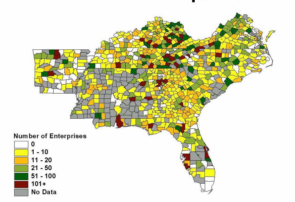 FIGURE 4e-1: Perceived distribution of non-timber forest products enterprises in the Southeast, 2003. Source: Chamberlain and Predny, 2003.