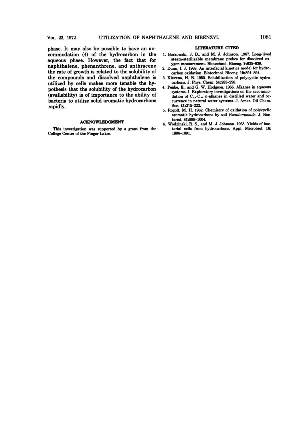 VOL. 23, 1972 UTILIZATION OF NAPHTHALENE AND BIBENZYL 1081 phase. It may also be possible to have an accommodation (4) of the hydrocarbon in the aqueous phase.