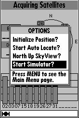 The following options are available: Initialize Position? allows you to initialize the receiver on the map or by text. See pages 6-8 for instructions on initialization.