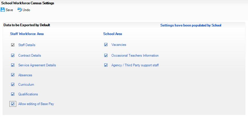 01 Getting Started Changing the School Workforce Census Settings The Returns Manager can change the School Workforce Census settings by selecting the data to be included in the return.